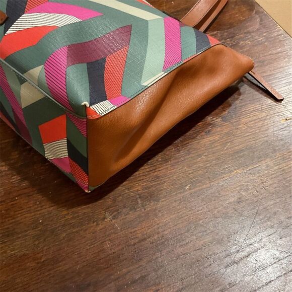 Fossil Fiona Chevron Blue/Pink Tote Bag PVC Canvas Faux Leather Women's Zip​​ - Picture 8 of 12
